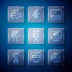 Set line Movie trophy, 3D cinema glasses, Film reel, Cinema auditorium with screen, Director movie chair, Retro camera, and Screen tv 4k icon. Vector