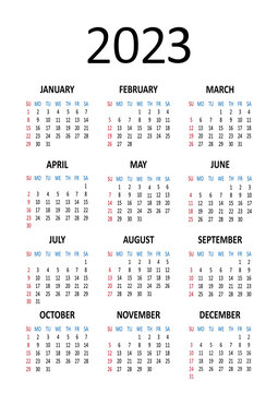 American calendar 2023 year. Week starts on Sunday. Vector illustration