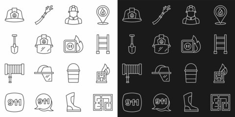 Set line Evacuation plan, Fire in burning building, escape, Firefighter, helmet, shovel, and Electric wiring of socket fire icon. Vector