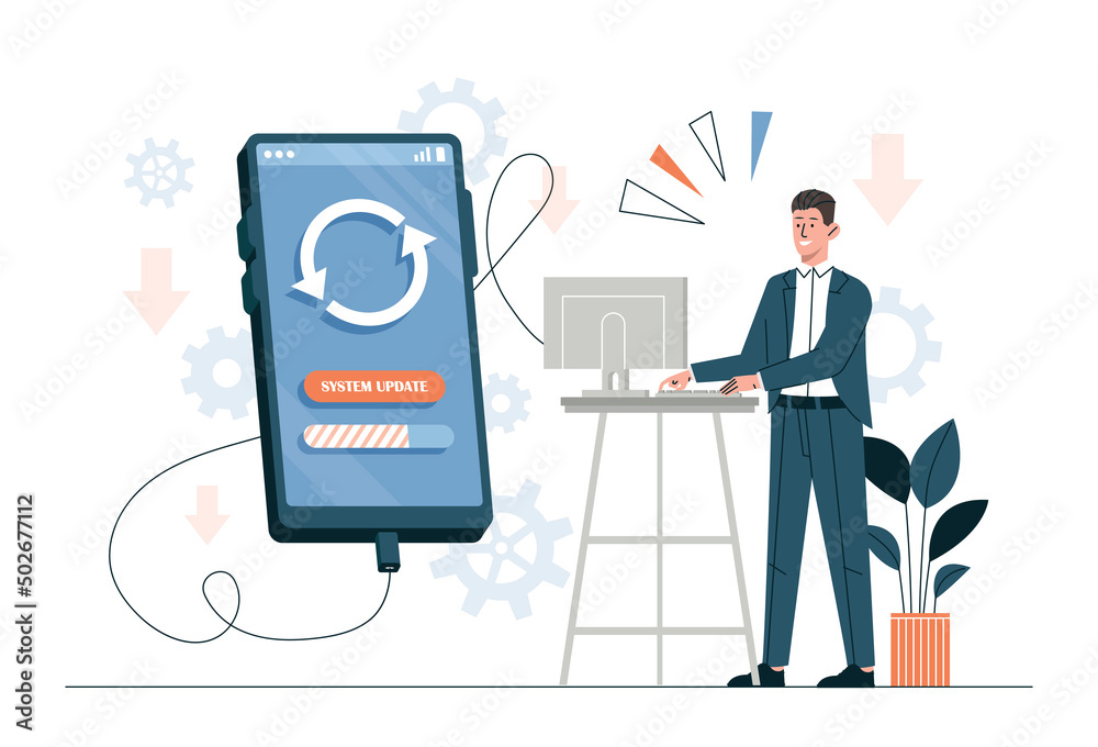 Poster operating system upgrade. man updates software on smartphone. operating system for gadgets and devic