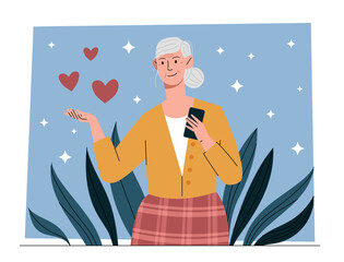 Old woman concept. Grandmother with smartphone sends hearts. Social networks and modern technologies. Elderly person calling her family, senior using gadget. Cartoon flat vector illustration