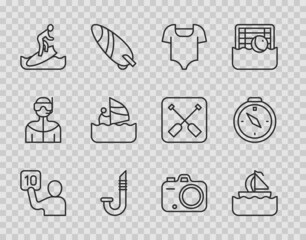 Set line Assessment of judges, Yacht sailboat, Swimsuit, Snorkel, Surfboard, Windsurfing, Photo camera and Compass icon. Vector
