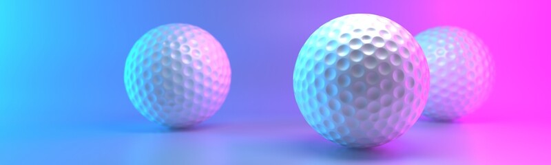 Golf Ball isolated on blue-pink background with empty space. 3D render High resolution