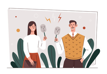 Personality disorder concept. Man and woman holding actors masks in their hands. Psychological and mental problems, pretense and lies. Ways to escape sadness. Cartoon flat vector illustration
