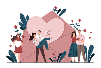 Romantic people concept. Men and girls on background of envelope with letter. Romantic date, love and care. Remote communication of young couples or families. Cartoon flat vector illustration
