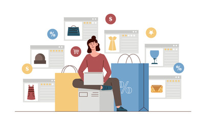 Shopping online concept. Young girl with laptop puts things she likes into basket. modern technologies and digital world. Character reads reviews for clothes. Cartoon flat vector illustration