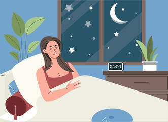 Obraz premium Sleepless female concept. Girl with displeased face lies bed and looks at stars and moon. Psychological and sleep problems, insomnia. Frustration and depression. Cartoon flat vector illustration
