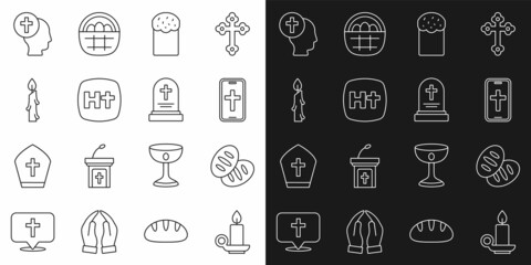 Set line Burning candle in candlestick, Christian bread, cross on phone, Easter cake, Priest and Grave with tombstone icon. Vector