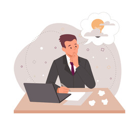 Writers block concept. Guy sits at laptop and rubs chin. Thoughtful creative personality, mental dead end and problems with writing article at copywriter, freelance. Cartoon flat vector illustration