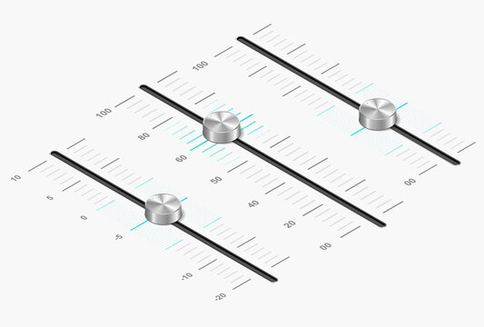 Realistic 3d sound adjustment. Collection of graphic elements for music listening software. Modern technologies and digital world. Isometric vector illustrations isolated on white background