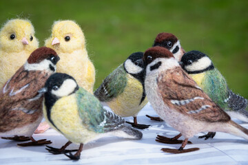 Handmade birds, tits and sparrows.
