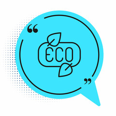 Black line Leaf Eco symbol icon isolated on white background. Banner, label, tag, logo, sticker for eco green. Blue speech bubble symbol. Vector