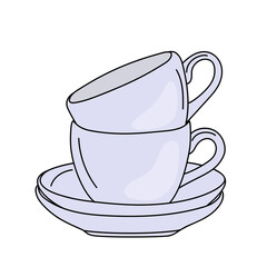 Vector illustration of a hand drawn ceramic cups and saucers isolated on a white background.