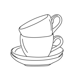 Vector illustration of a cups and saucers in doodle style isolated on a white background.