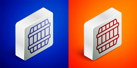 Isometric line Wooden barrel icon isolated on blue and orange background. Alcohol barrel, drink container, wooden keg for beer, whiskey, wine. Silver square button. Vector