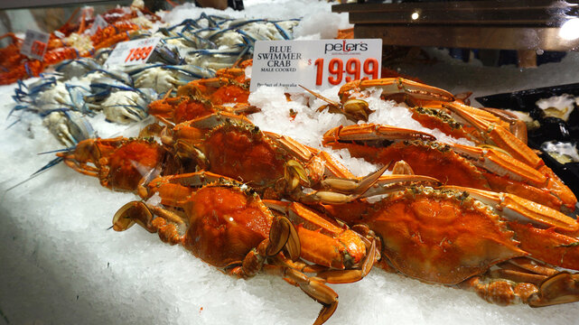 Price tag on blue swimmer crab at Sydney Fish Market