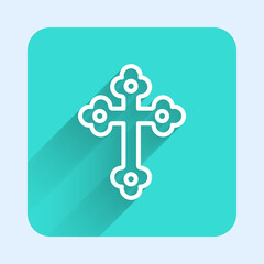 Obraz premium White line Christian cross icon isolated with long shadow background. Church cross. Green square button. Vector