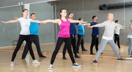 Fototapeta na wymiar Adult females and males doing stretching workout before group dance training