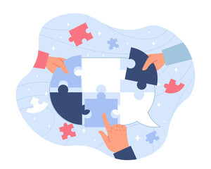 Hands solving puzzle. Metaphor of team and creative work. Colleagues working on one project, development of modern company or organization. Partnership and coworking. Cartoon flat vector illustration