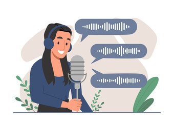 Woman recording podcast. Young girl with microphone creates content for Internet, modern technologies and digital world. Internet promotion, popular person and blog. Cartoon flat vector illustration