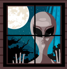 grey alien abduction in the window