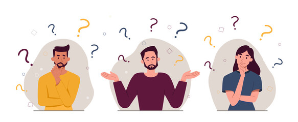People asking questions. Collection of young guys and girls who cant solve problem. Problems and uncertainty, indecision, mental impasse. Cartoon flat vector illustrations isolated on white background - obrazy, fototapety, plakaty