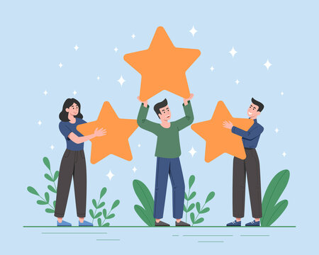People hold stars. Metaphor for evaluating product or service, feedback for leaders of company or organization. Opinion of regular consumers and modern marketing. Cartoon flat vector illustration