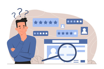 Human resources concept. Young guy with magnifying glass analyzes resumes of candidates for vacancy. Staff expansion and company development, office manager. Cartoon flat vector illustration