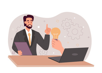 Help from laptop. Man handed light bulb from laptop. Creative personality and insight. Entrepreneur launches start up, boss analyzes proposals of subordinates. Cartoon flat vector illustration