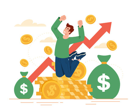 Income growth concept. Man jumping on background of growing graph, increase in income and successful businessman or entrepreneur. Analysis of charts and diagrams. Cartoon flat vector illustration