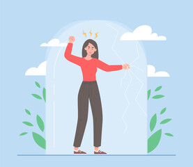Extrovert individuality concept. Young girl shatters glass dome. Sociable character, openness and awareness. Positivity and optimism. Psychology and mental attitudes. Cartoon flat vector illustration