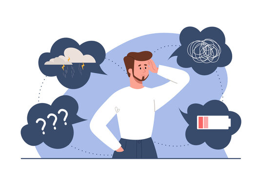 Depression disorder concept. Man experiences difficulties at work and in personal life. Employee with low level of charge, emotional burnout. Stress and panic. Cartoon flat vector illustration