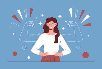 Woman power concept. Young girl in suit stands with imaginary big and strong arms. Feminist, activist or successful entrepreneur, self confidence and energy. Cartoon flat vector illustration
