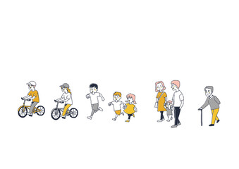 それぞれの目的で街を行く人々のセット　コミカルな手書きの人物　ベクター、線画にカラー
