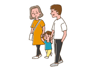 手を繋ぎ出かける親子三人　コミカルな手書きの人物　ベクター、線画にカラー
