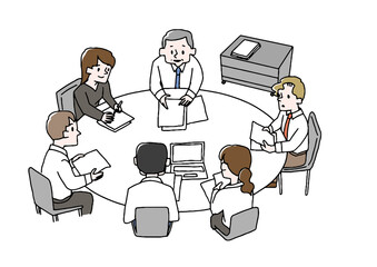 会議で意見を交わす人々　チームワーク　コミカルな手書きの人物　ベクター、線画にカラー