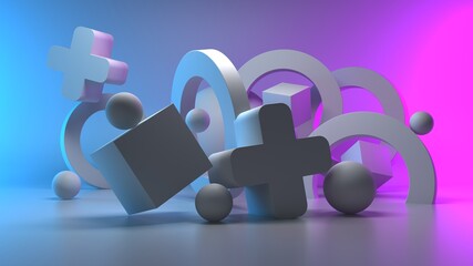 Abstract geometric figures. Three-dimensional dodecahedron pyramid tetrahedron cube cross and sphere rectangular objects  isolated on blue-pink background with empty space. 3D render High resolution