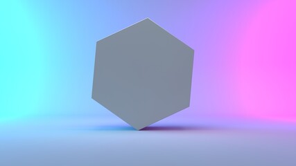 Abstract geometric figures. Three-dimensional dodecahedron pyramid tetrahedron cube rectangular objects  isolated on blue-pink background with empty space. 3D render High resolution