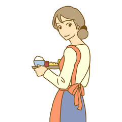 料理を運ぶ女性（カラフル）