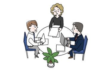 会議で意見を交わす人々　チームワーク　コミカルな手書きの人物　ベクター、線画にカラー