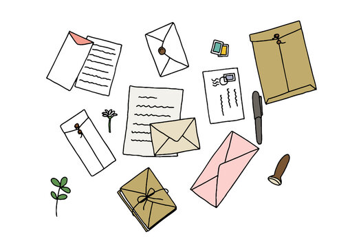 封筒や手紙のイラストセット コミカルな手書きの人物 ベクター 線画にカラー Stock Vector Adobe Stock