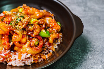 Nakjideopbap, Korean style spicy stir-fried octopus over rice : This dish is made by stir-frying sliced onion and carrots along with sauce over high heat in an oiled pan. Bite-sized pieces of octopus 