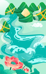 Naklejka na ściany i meble Dragon boat race in the river on the Dragon Boat Festival with lotus flowers and zongzi in the background, vector illustration