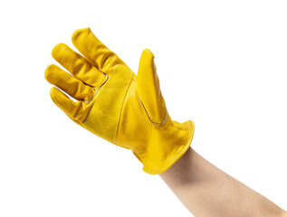 Male hand wearing yellow leather glove on white background - obrazy, fototapety, plakaty
