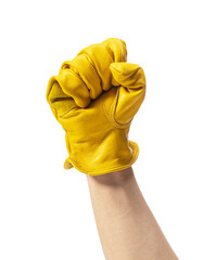 Male hand wearing yellow leather glove on white background