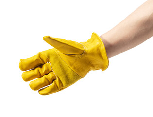 Male hand wearing yellow leather glove on white background