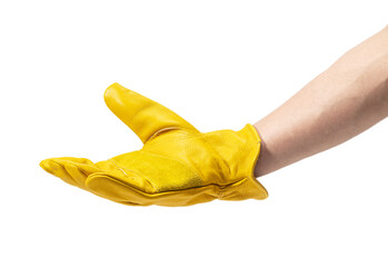 Male hand wearing yellow leather glove on white background