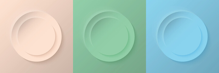 Set of abstract 3d beige, light green and light blue pastel color circle frame design for cosmetic product. Collection of trendy color geometric background with copy space. Vector EPS10