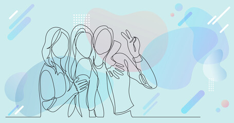 happy and carefree group of friends posing together - one line drawing