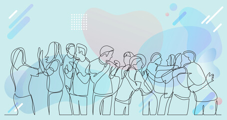 large team of friends cheering and celebrating success - one line drawing